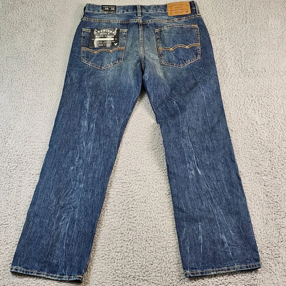 American Eagle Original Straight Jeans Mens 30x30 Blue Medium Vintage Wash Denim